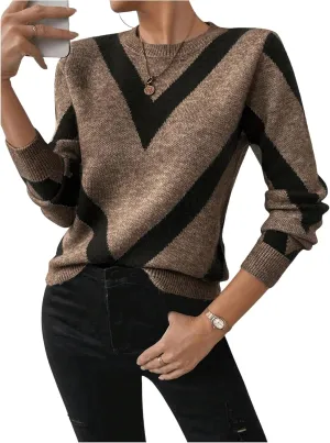 SweatyRocks Women's Patterned Fuzzy Knit Business Sweater Long Sleeve Chunky Loose Fit Pullover Top