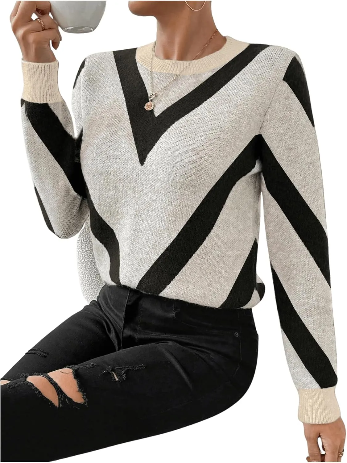 SweatyRocks Women's Patterned Fuzzy Knit Business Sweater Long Sleeve Chunky Loose Fit Pullover Top