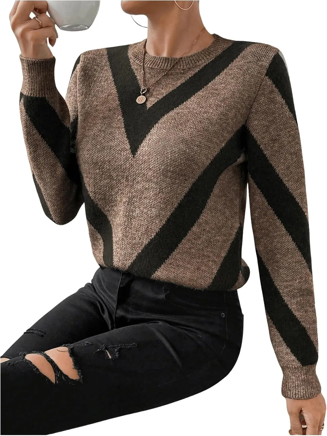 SweatyRocks Women's Patterned Fuzzy Knit Business Sweater Long Sleeve Chunky Loose Fit Pullover Top