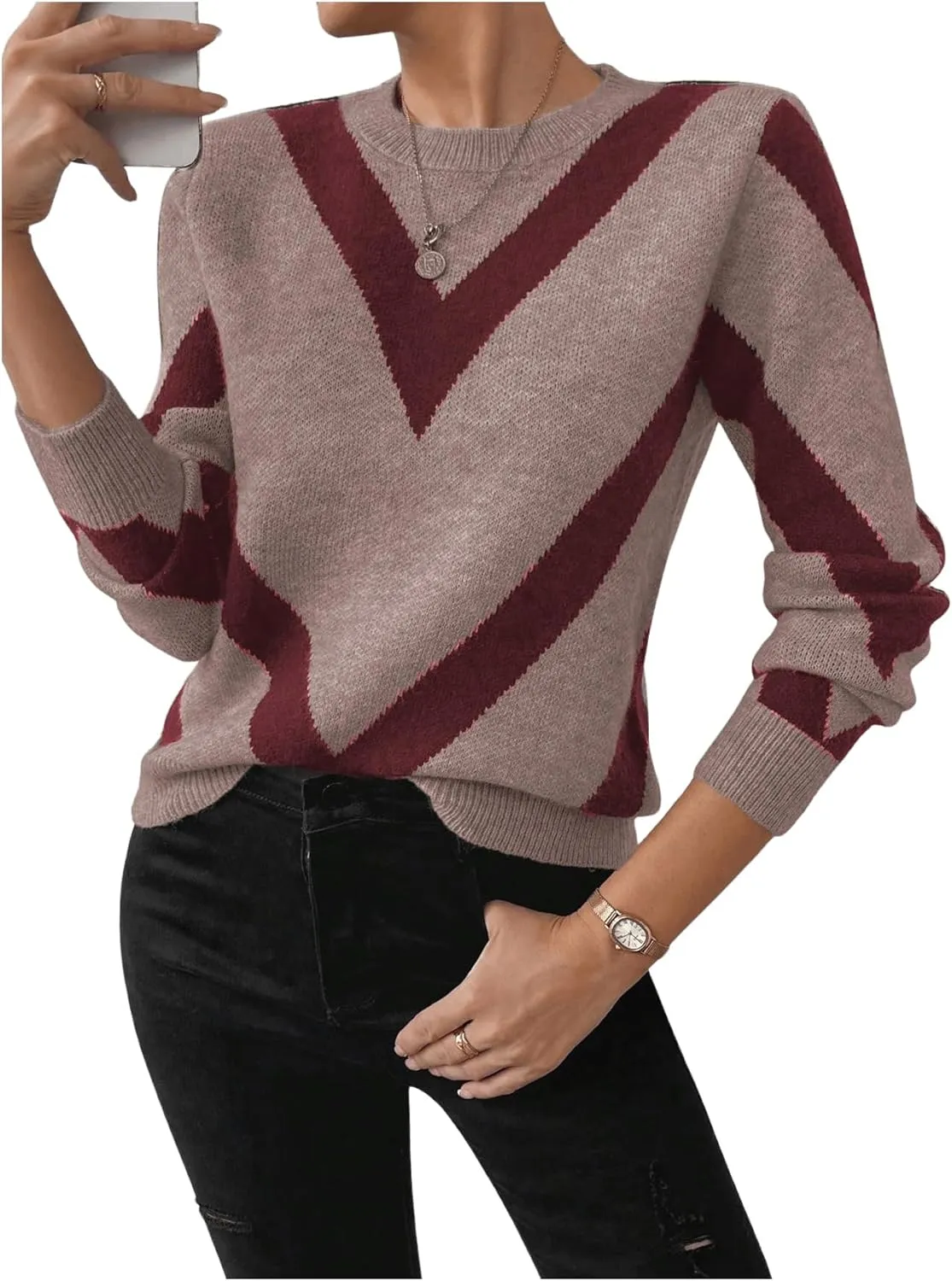 SweatyRocks Women's Patterned Fuzzy Knit Business Sweater Long Sleeve Chunky Loose Fit Pullover Top