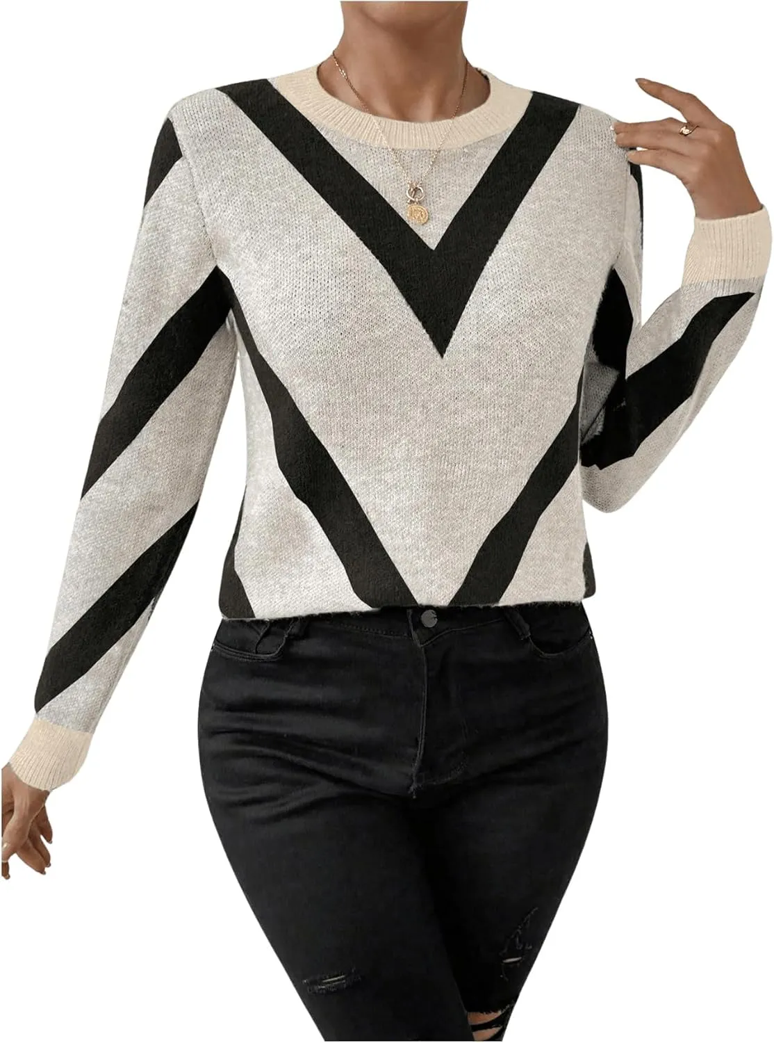 SweatyRocks Women's Patterned Fuzzy Knit Business Sweater Long Sleeve Chunky Loose Fit Pullover Top