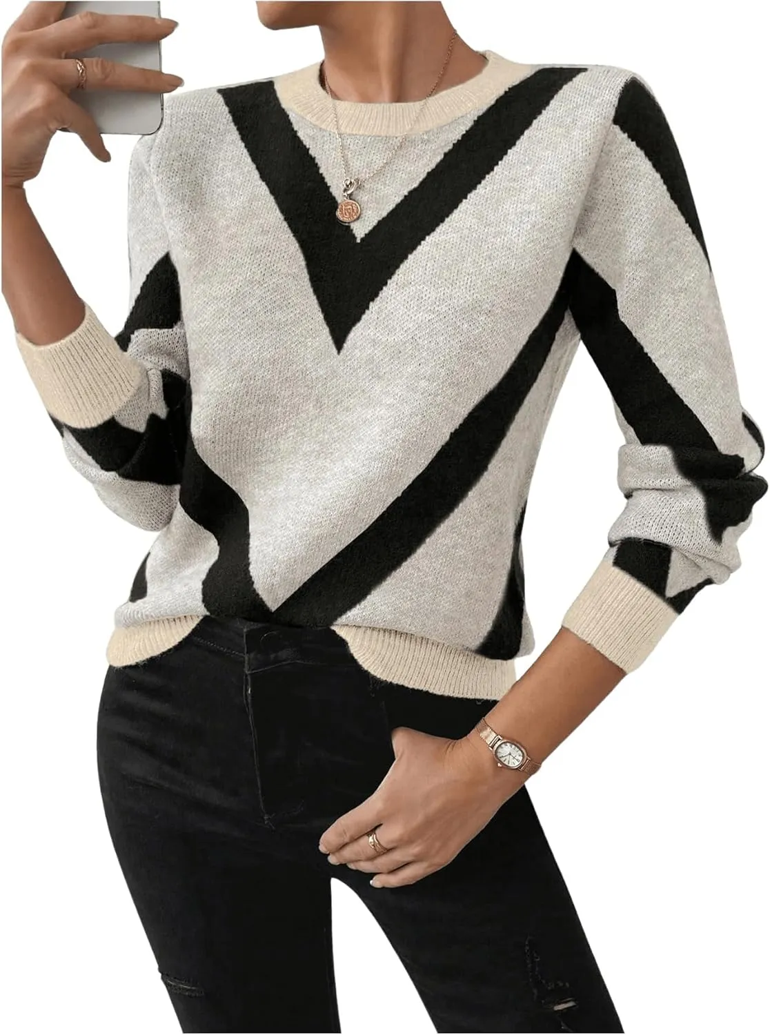 SweatyRocks Women's Patterned Fuzzy Knit Business Sweater Long Sleeve Chunky Loose Fit Pullover Top