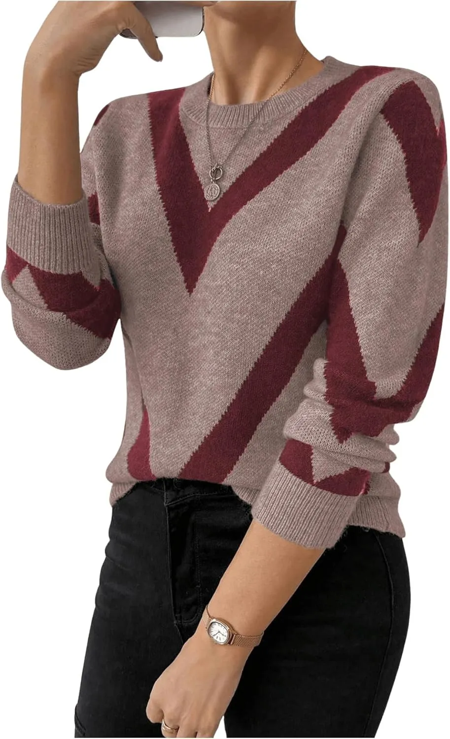 SweatyRocks Women's Patterned Fuzzy Knit Business Sweater Long Sleeve Chunky Loose Fit Pullover Top