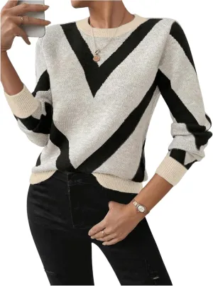 SweatyRocks Women's Patterned Fuzzy Knit Business Sweater Long Sleeve Chunky Loose Fit Pullover Top