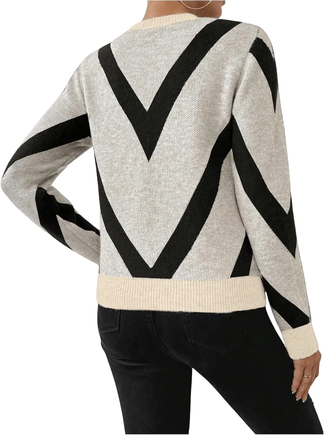 SweatyRocks Women's Patterned Fuzzy Knit Business Sweater Long Sleeve Chunky Loose Fit Pullover Top