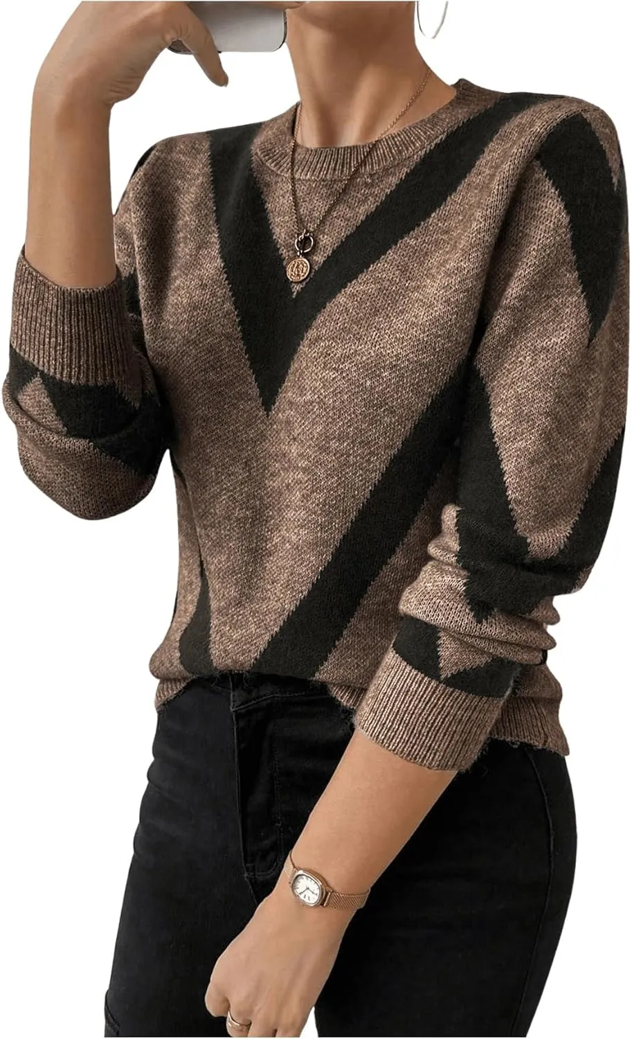 SweatyRocks Women's Patterned Fuzzy Knit Business Sweater Long Sleeve Chunky Loose Fit Pullover Top