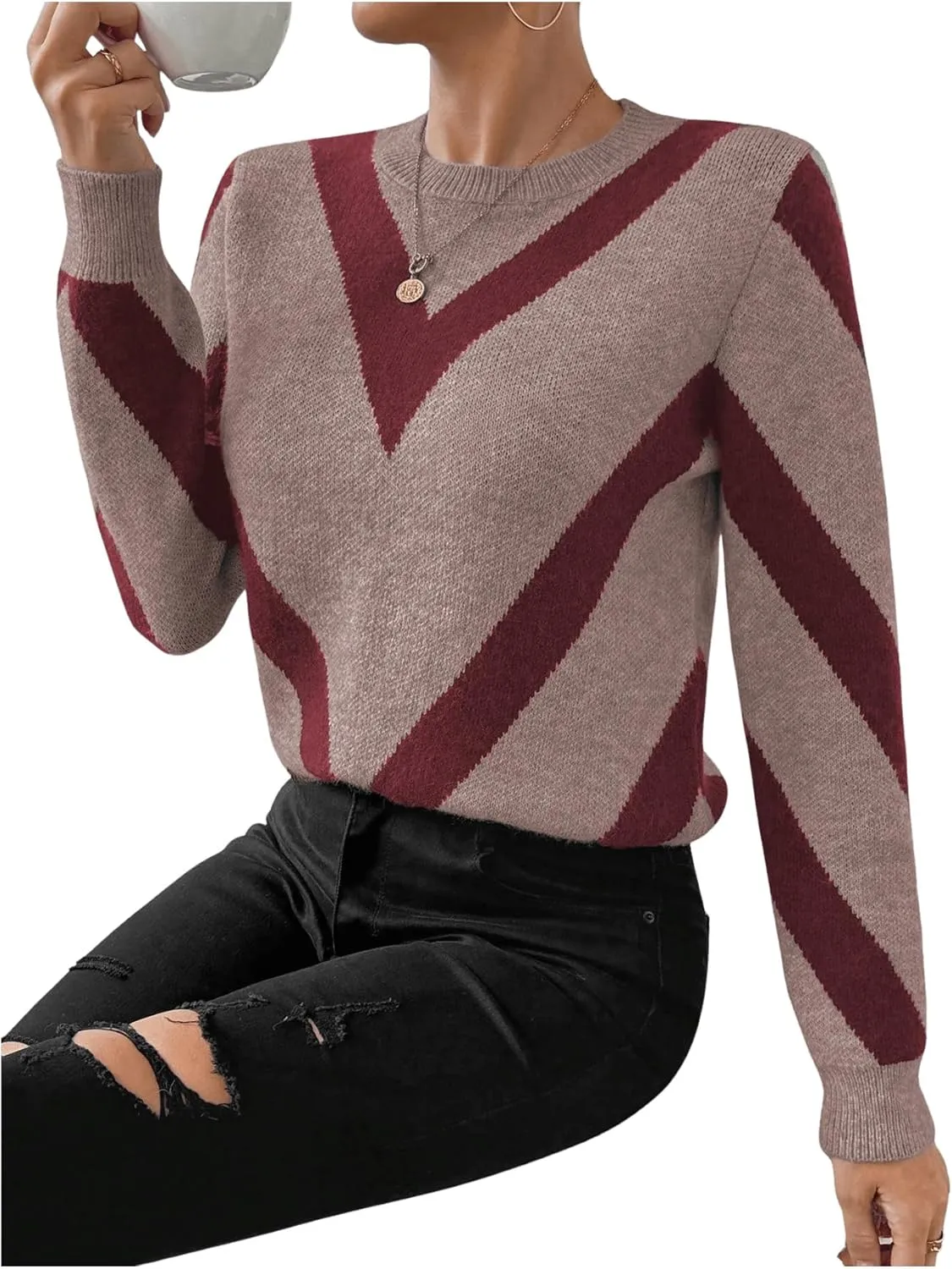 SweatyRocks Women's Patterned Fuzzy Knit Business Sweater Long Sleeve Chunky Loose Fit Pullover Top
