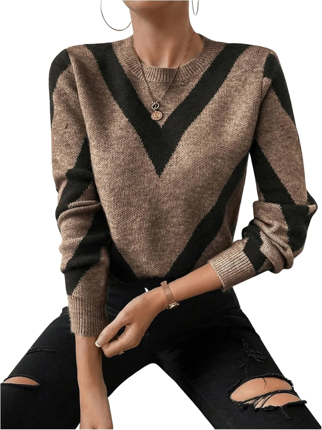 SweatyRocks Women's Patterned Fuzzy Knit Business Sweater Long Sleeve Chunky Loose Fit Pullover Top