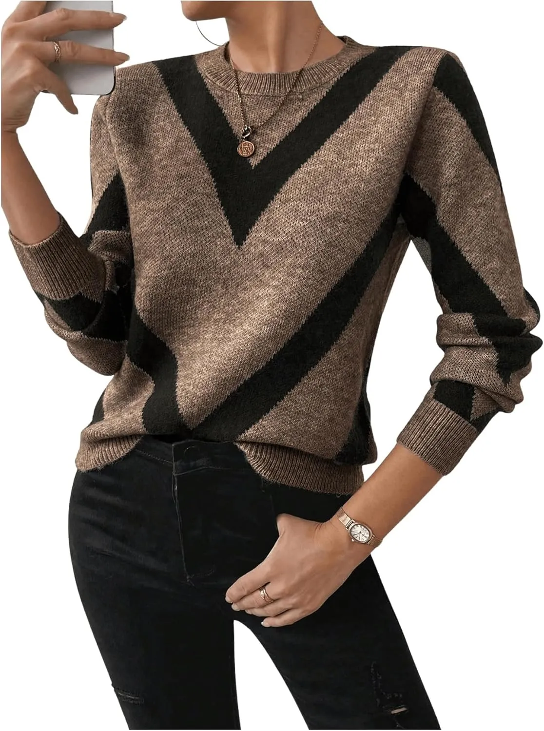 SweatyRocks Women's Patterned Fuzzy Knit Business Sweater Long Sleeve Chunky Loose Fit Pullover Top