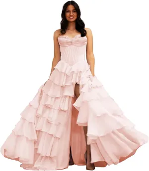 Sweetheart Tiered Prom Dress for Women Chiffon Strapless Formal Evening Dresses with Slit
