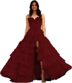 Sweetheart Tiered Prom Dress for Women Chiffon Strapless Formal Evening Dresses with Slit