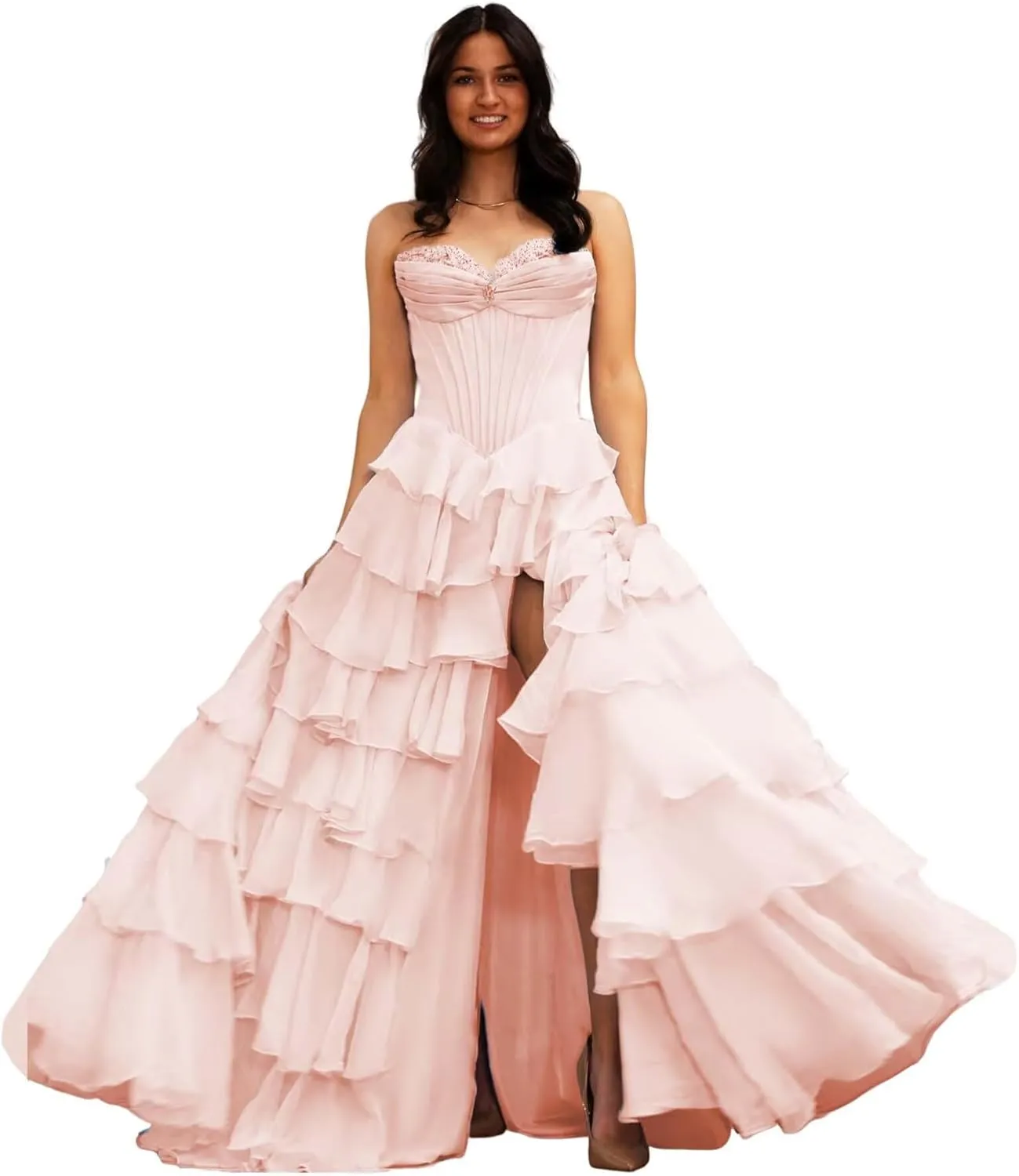 Sweetheart Tiered Prom Dress for Women Chiffon Strapless Formal Evening Dresses with Slit