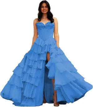 Sweetheart Tiered Prom Dress for Women Chiffon Strapless Formal Evening Dresses with Slit