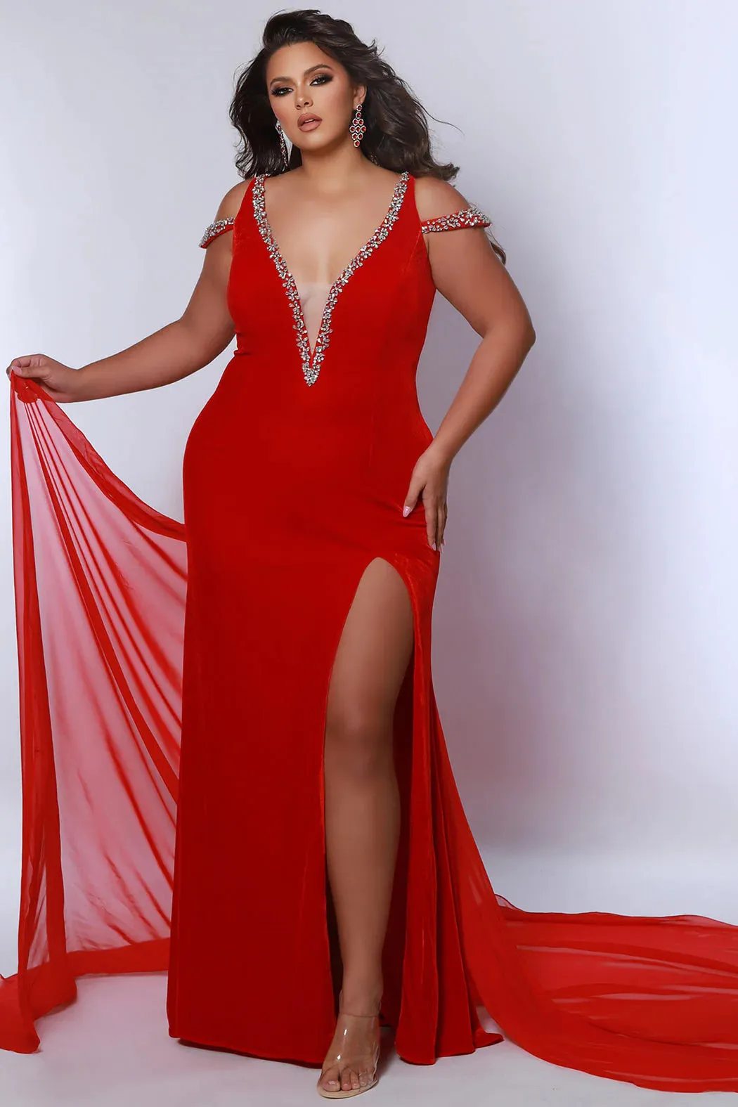 Sydneys Closet JK2420 Fitted Velvet Pageant Dress Slit Plus Size Off the Shoulder Cape Train Prom