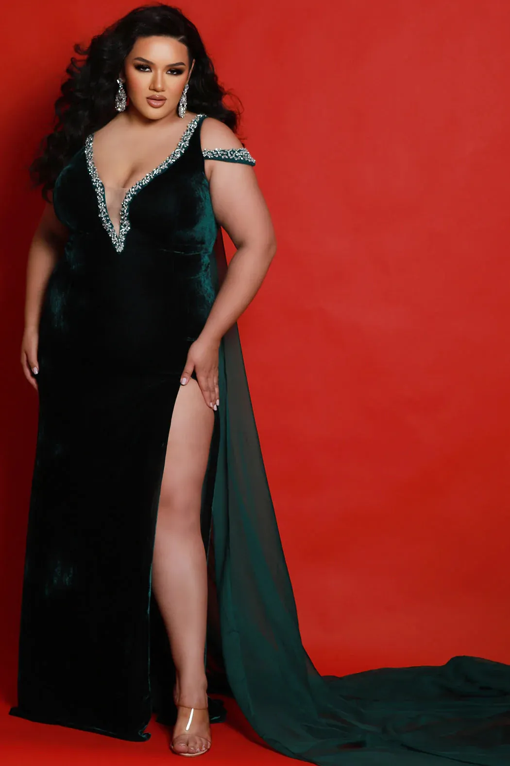 Sydneys Closet JK2420 Fitted Velvet Pageant Dress Slit Plus Size Off the Shoulder Cape Train Prom