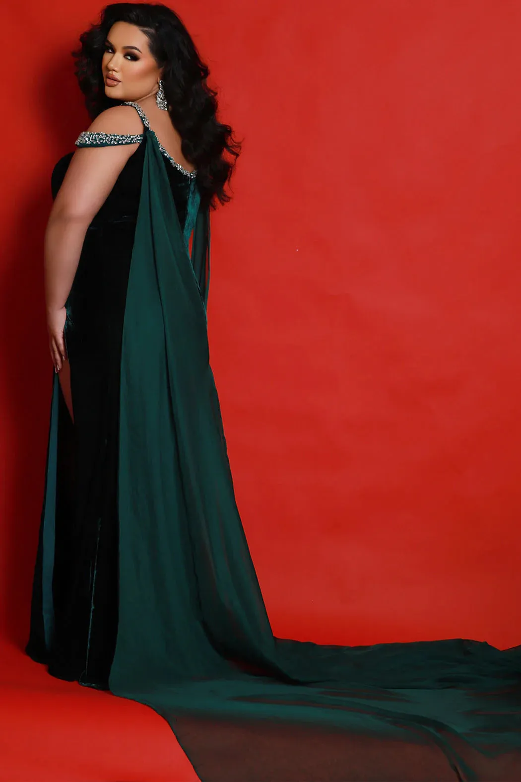 Sydneys Closet JK2420 Fitted Velvet Pageant Dress Slit Plus Size Off the Shoulder Cape Train Prom