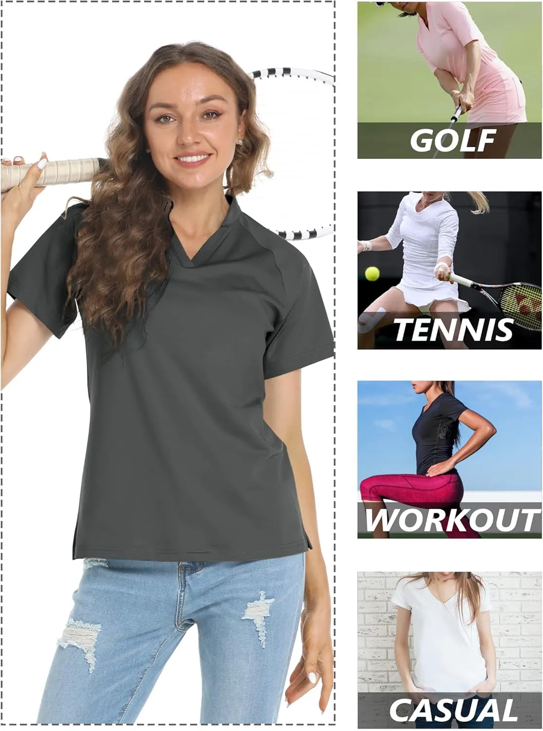 TACVASEN V-Neck Shirts for Women Quick Dry UV Protection Sun Summer Golf Tops