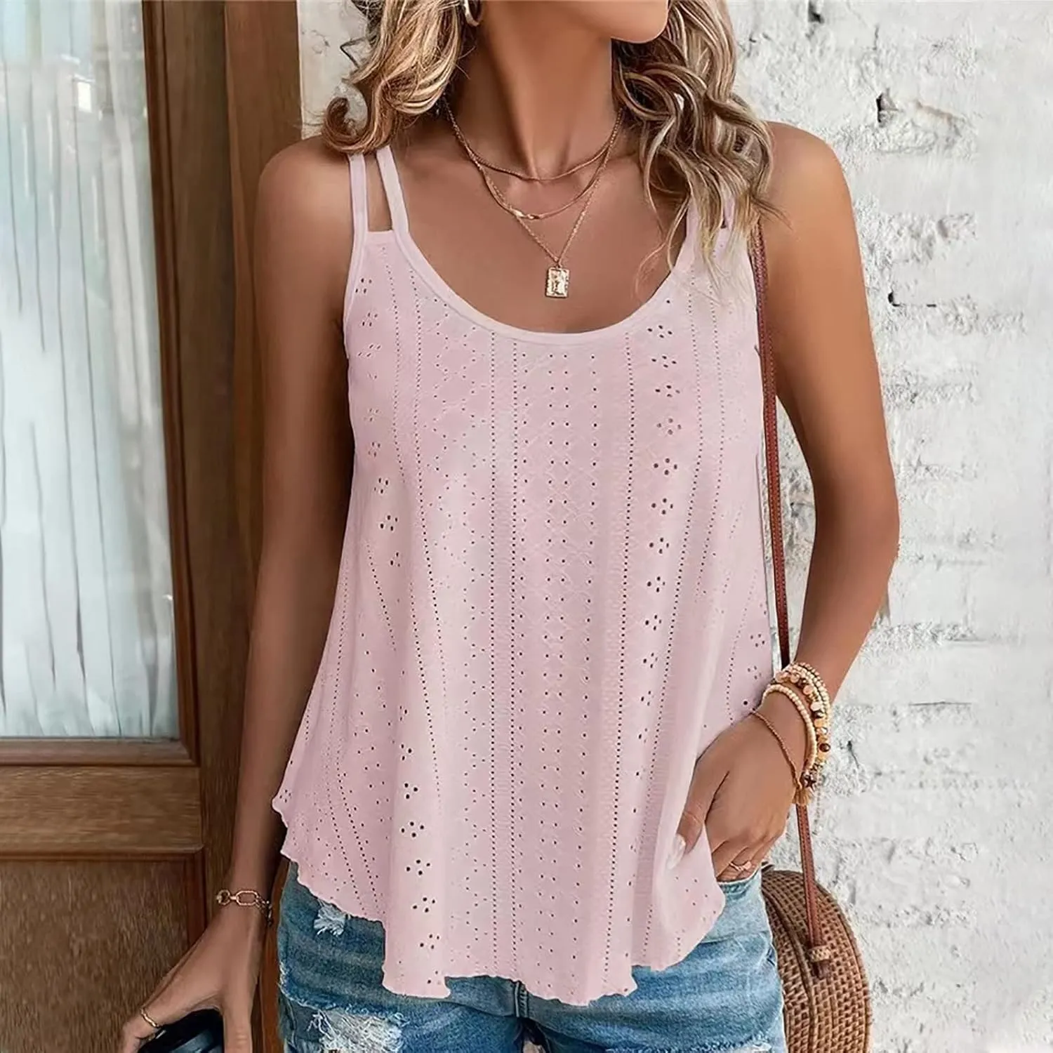 Tank Tops for Women Fashion Eyelet Embroidery Sleeveless Summer Tops Scoop Neck Spaghetti Strape Camisole Shirts