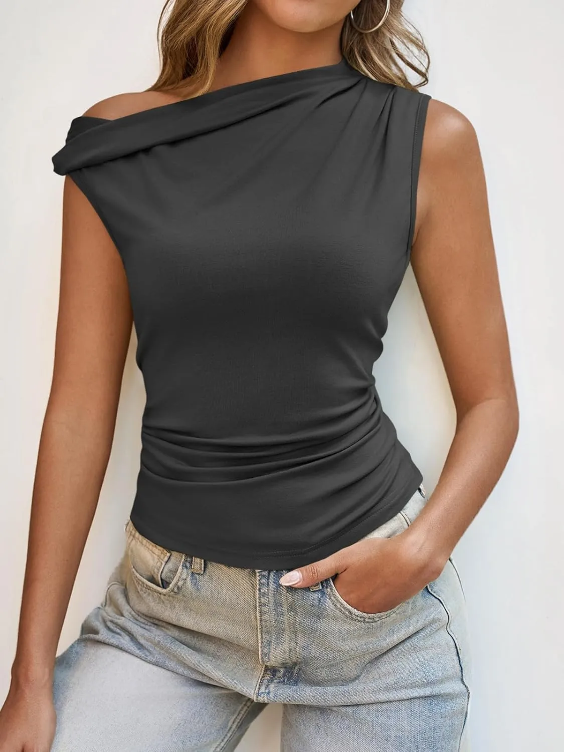 Tankaneo Womens Off The Shoulder Tops Boat Neck Fitted Ruched Shirt Summer Trendy Y2K Going Out Tank Tops