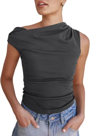 Tankaneo Womens Off The Shoulder Tops Boat Neck Fitted Ruched Shirt Summer Trendy Y2K Going Out Tank Tops