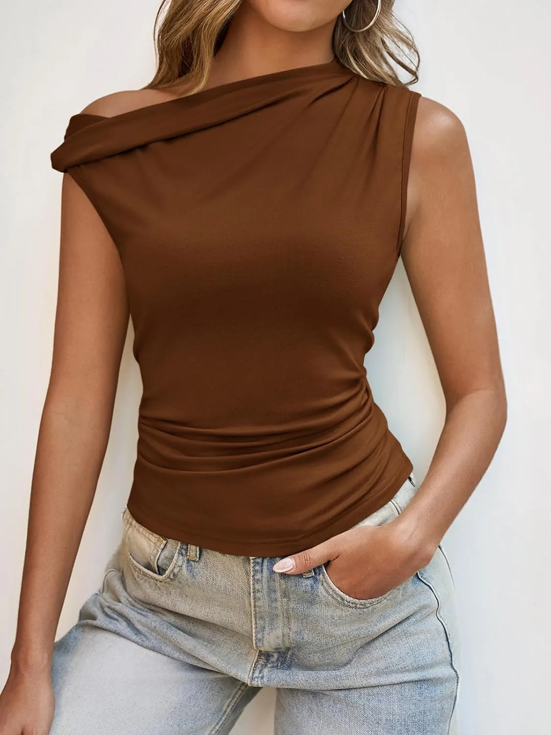 Tankaneo Womens Off The Shoulder Tops Boat Neck Fitted Ruched Shirt Summer Trendy Y2K Going Out Tank Tops