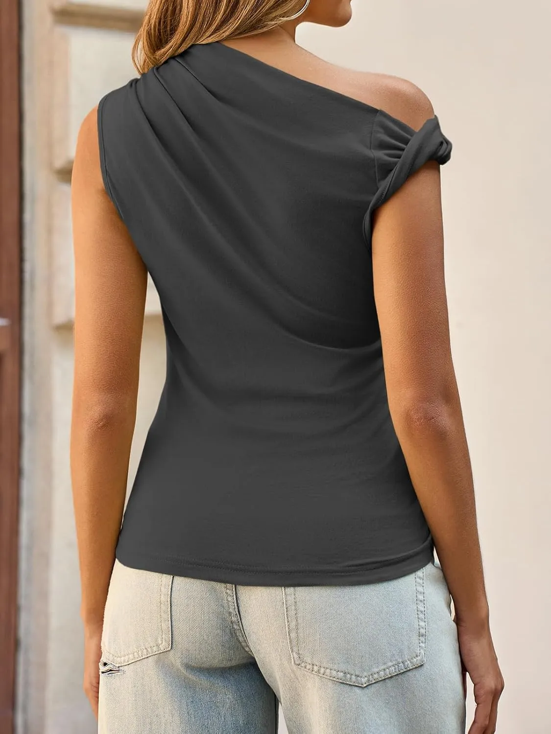 Tankaneo Womens Off The Shoulder Tops Boat Neck Fitted Ruched Shirt Summer Trendy Y2K Going Out Tank Tops