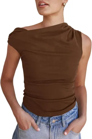 Tankaneo Womens Off The Shoulder Tops Boat Neck Fitted Ruched Shirt Summer Trendy Y2K Going Out Tank Tops