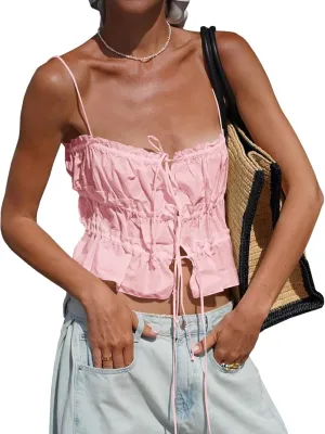 Tankaneo Womens Summer Tie Front Crop Tops Cute Ruffle Ruched Spaghetti Strap Tank Tops Y2K Going Out Shirts