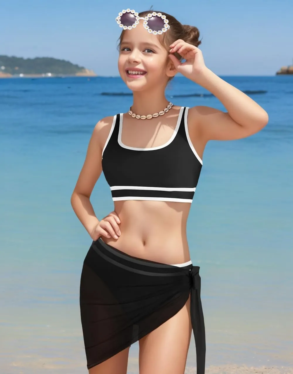 Teen Girls Swimsuit High Waist Sporty Bikini Bathing Suits with Cover Up Skirt and Sunglasses 4 Piece Set 8-15 Years