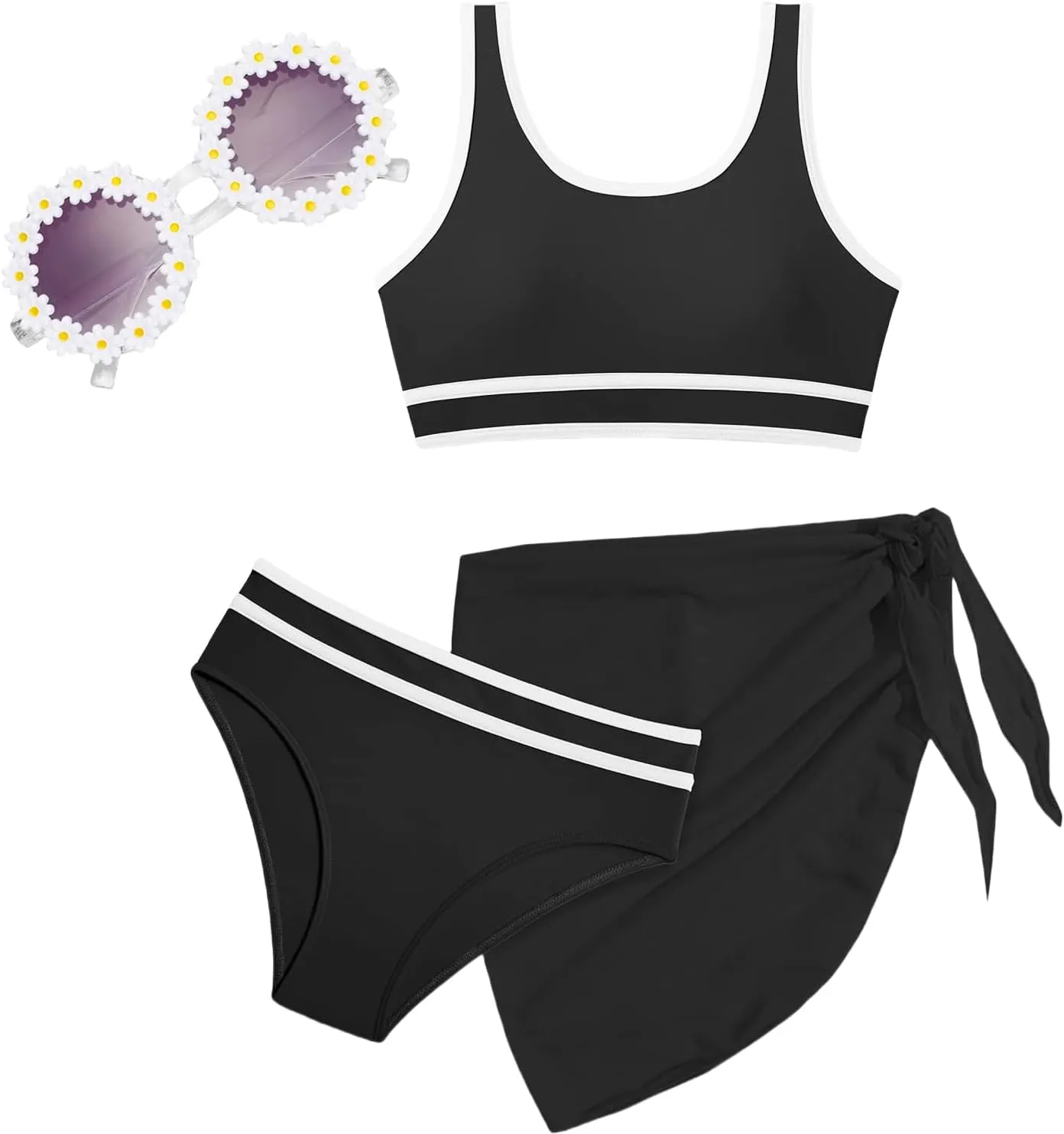 Teen Girls Swimsuit High Waist Sporty Bikini Bathing Suits with Cover Up Skirt and Sunglasses 4 Piece Set 8-15 Years