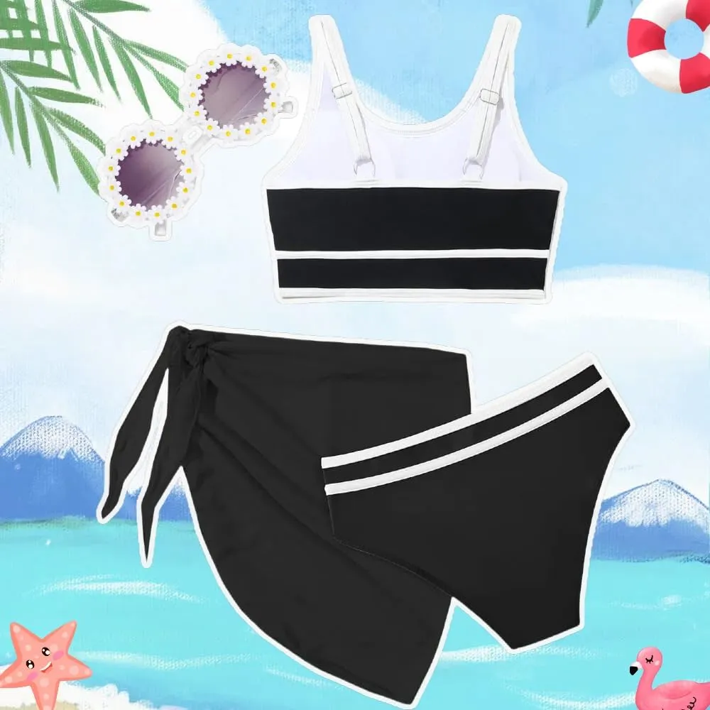Teen Girls Swimsuit High Waist Sporty Bikini Bathing Suits with Cover Up Skirt and Sunglasses 4 Piece Set 8-15 Years