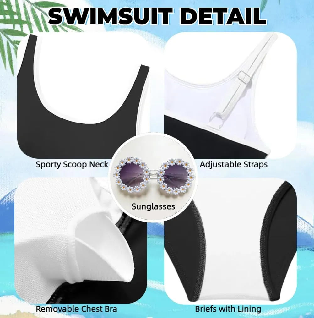 Teen Girls Swimsuit High Waist Sporty Bikini Bathing Suits with Cover Up Skirt and Sunglasses 4 Piece Set 8-15 Years