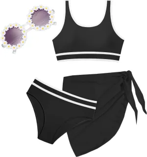 Teen Girls Swimsuit High Waist Sporty Bikini Bathing Suits with Cover Up Skirt and Sunglasses 4 Piece Set 8-15 Years