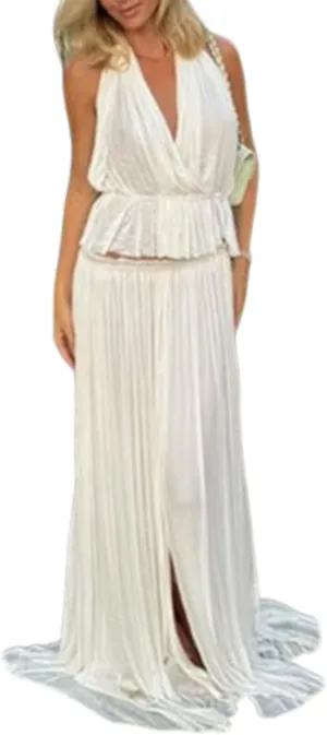 Thopavenoir Women's Sexy 2 Piece Outfits Halter Neck Backless Tank Tops and Pleated Swing Maxi Skirt Sets Summer Beachwear