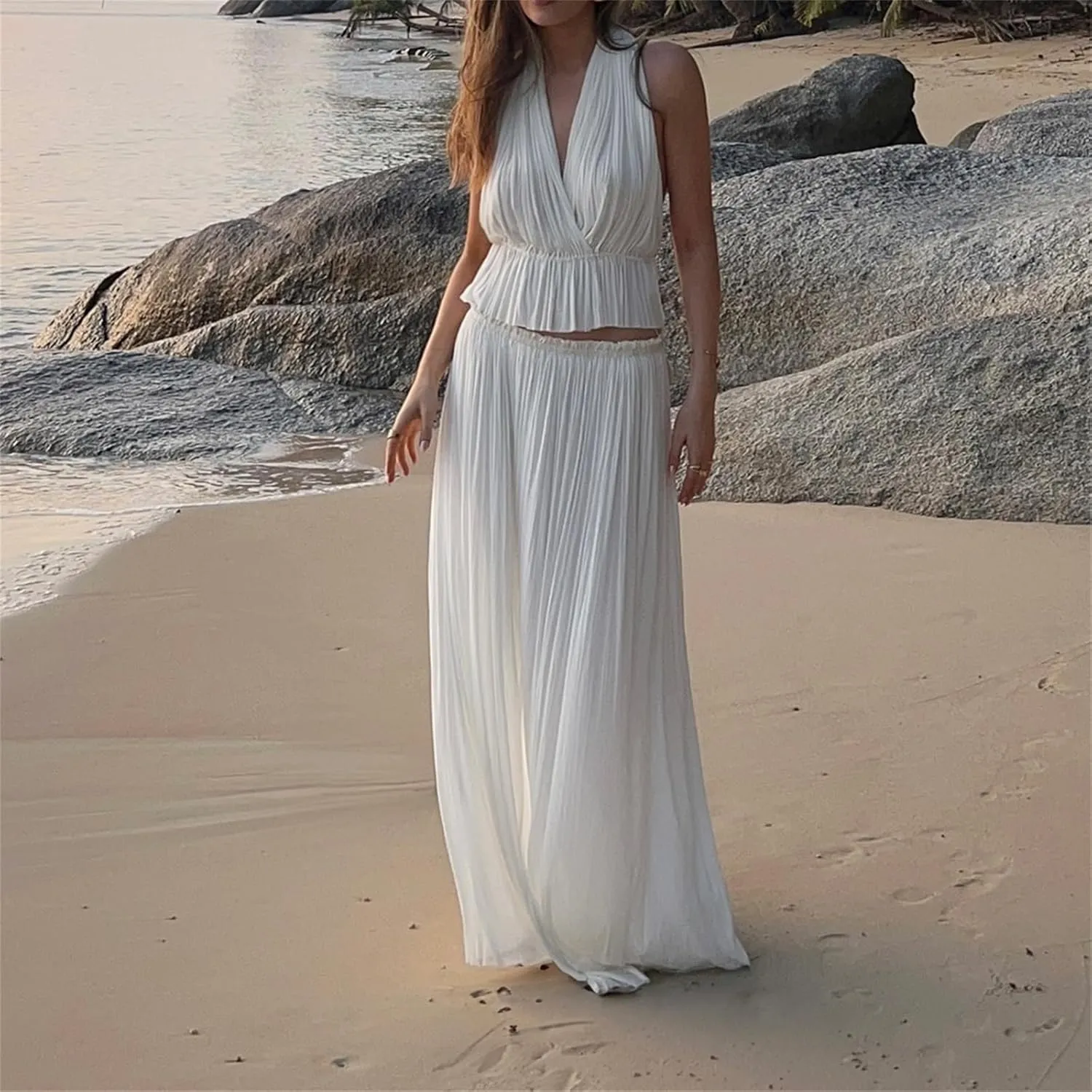 Thopavenoir Women's Sexy 2 Piece Outfits Halter Neck Backless Tank Tops and Pleated Swing Maxi Skirt Sets Summer Beachwear