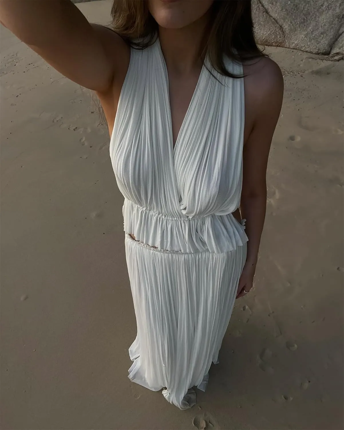 Thopavenoir Women's Sexy 2 Piece Outfits Halter Neck Backless Tank Tops and Pleated Swing Maxi Skirt Sets Summer Beachwear