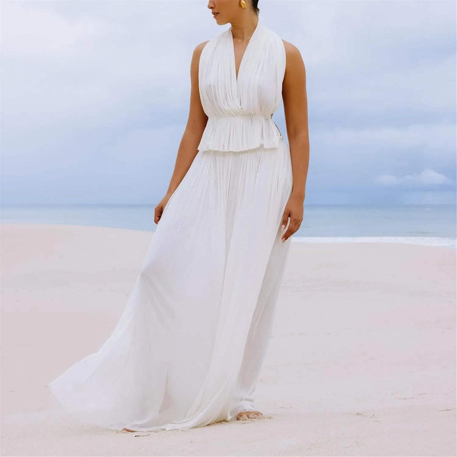 Thopavenoir Women's Sexy 2 Piece Outfits Halter Neck Backless Tank Tops and Pleated Swing Maxi Skirt Sets Summer Beachwear