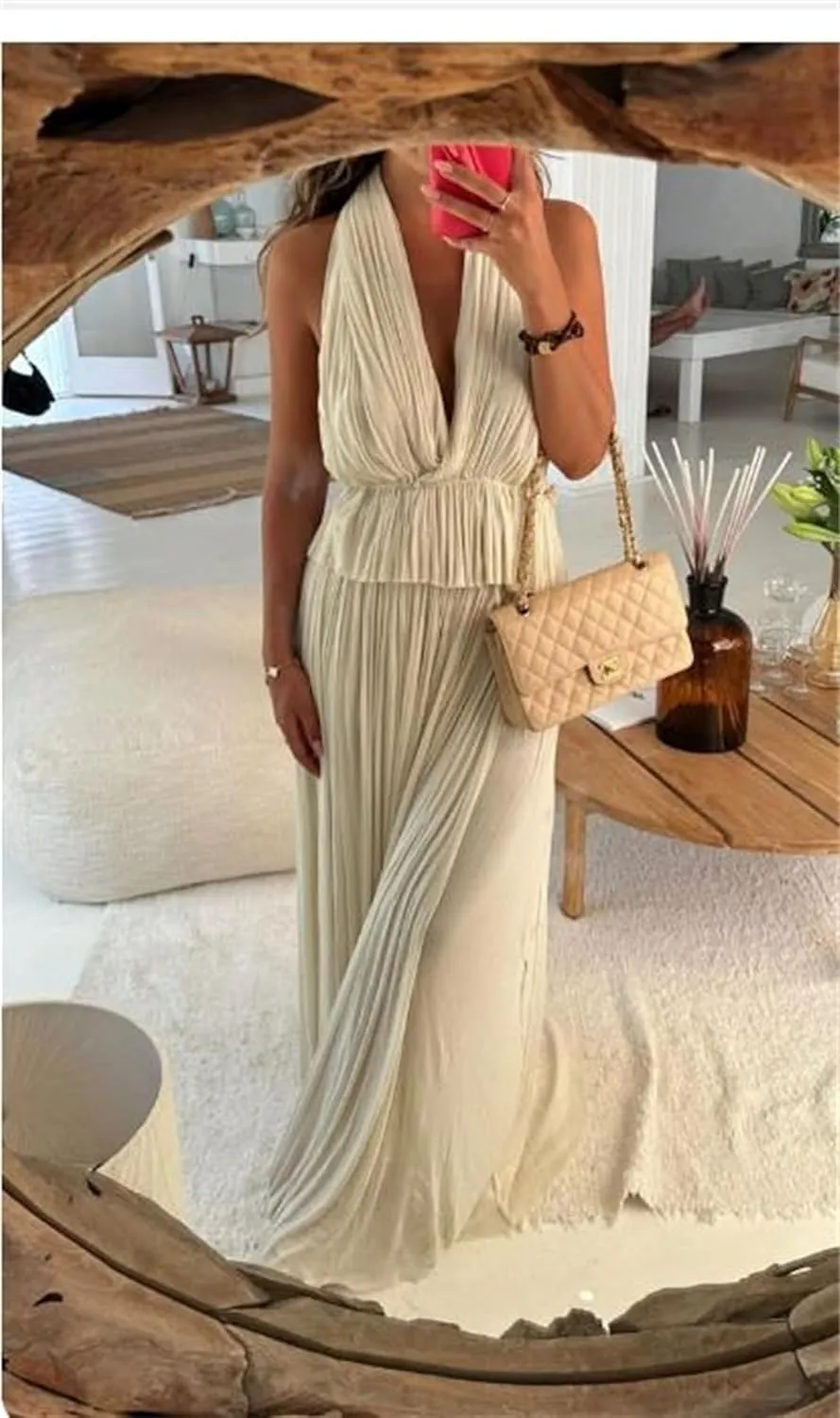 Thopavenoir Women's Sexy 2 Piece Outfits Halter Neck Backless Tank Tops and Pleated Swing Maxi Skirt Sets Summer Beachwear