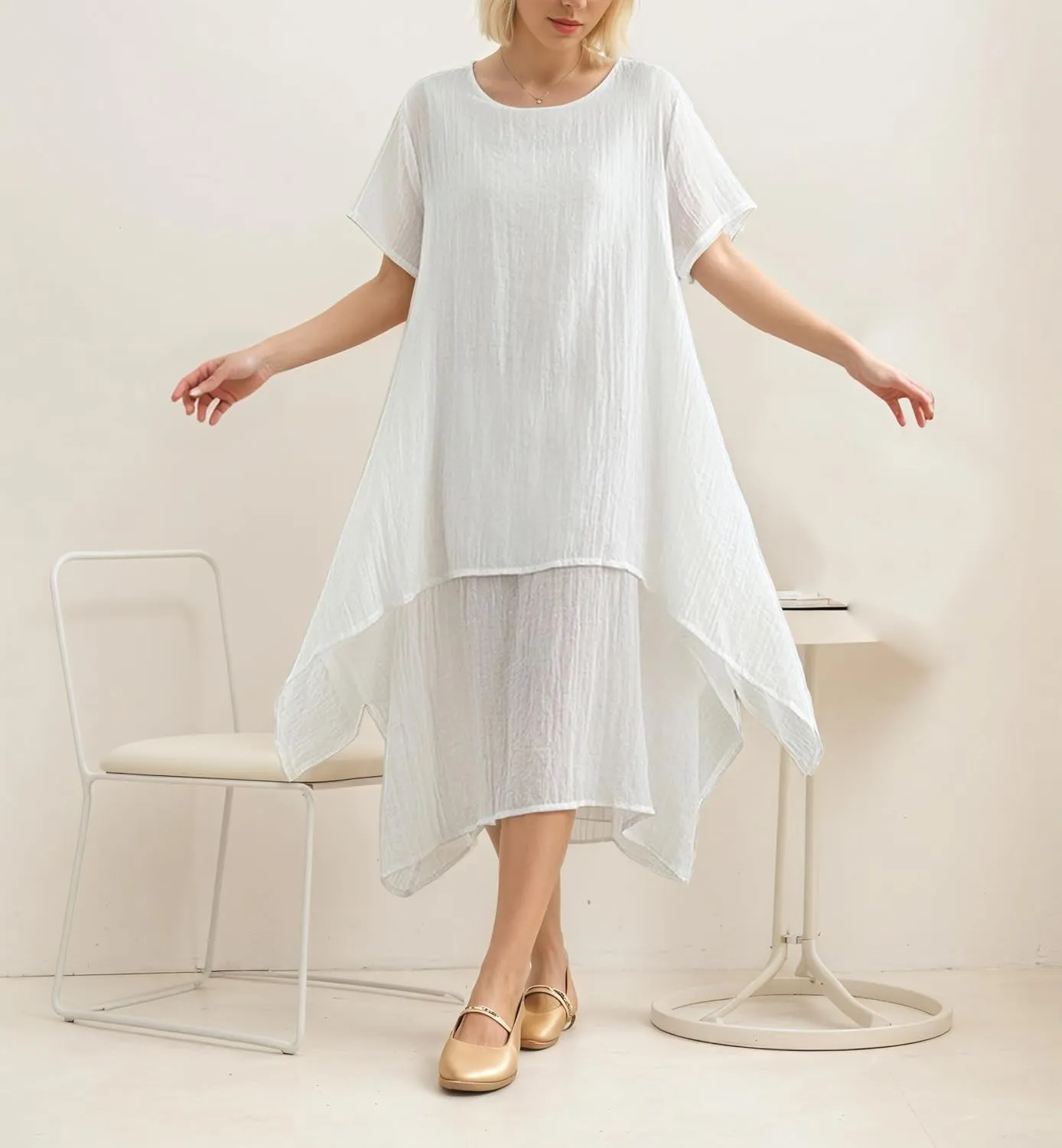 TIAFORD Women Loose Cotton Linen Casual Short Sleeve Dress Crew Neck Double Layered Irregular Hem Summer Linen Midi Dresses
