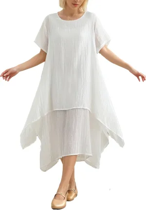 TIAFORD Women Loose Cotton Linen Casual Short Sleeve Dress Crew Neck Double Layered Irregular Hem Summer Linen Midi Dresses