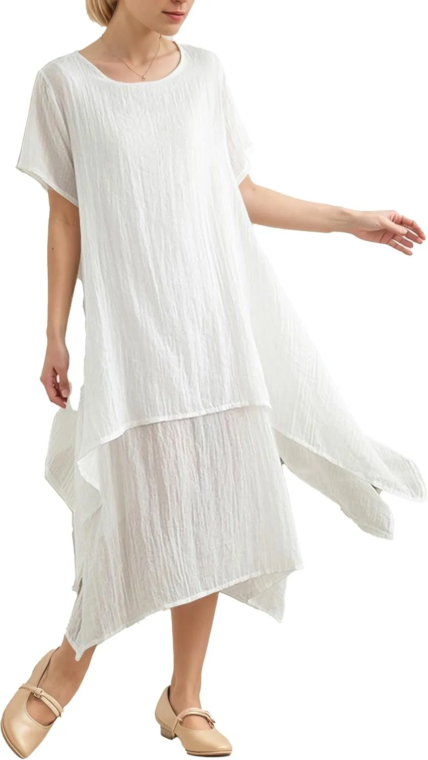 TIAFORD Women Loose Cotton Linen Casual Short Sleeve Dress Crew Neck Double Layered Irregular Hem Summer Linen Midi Dresses
