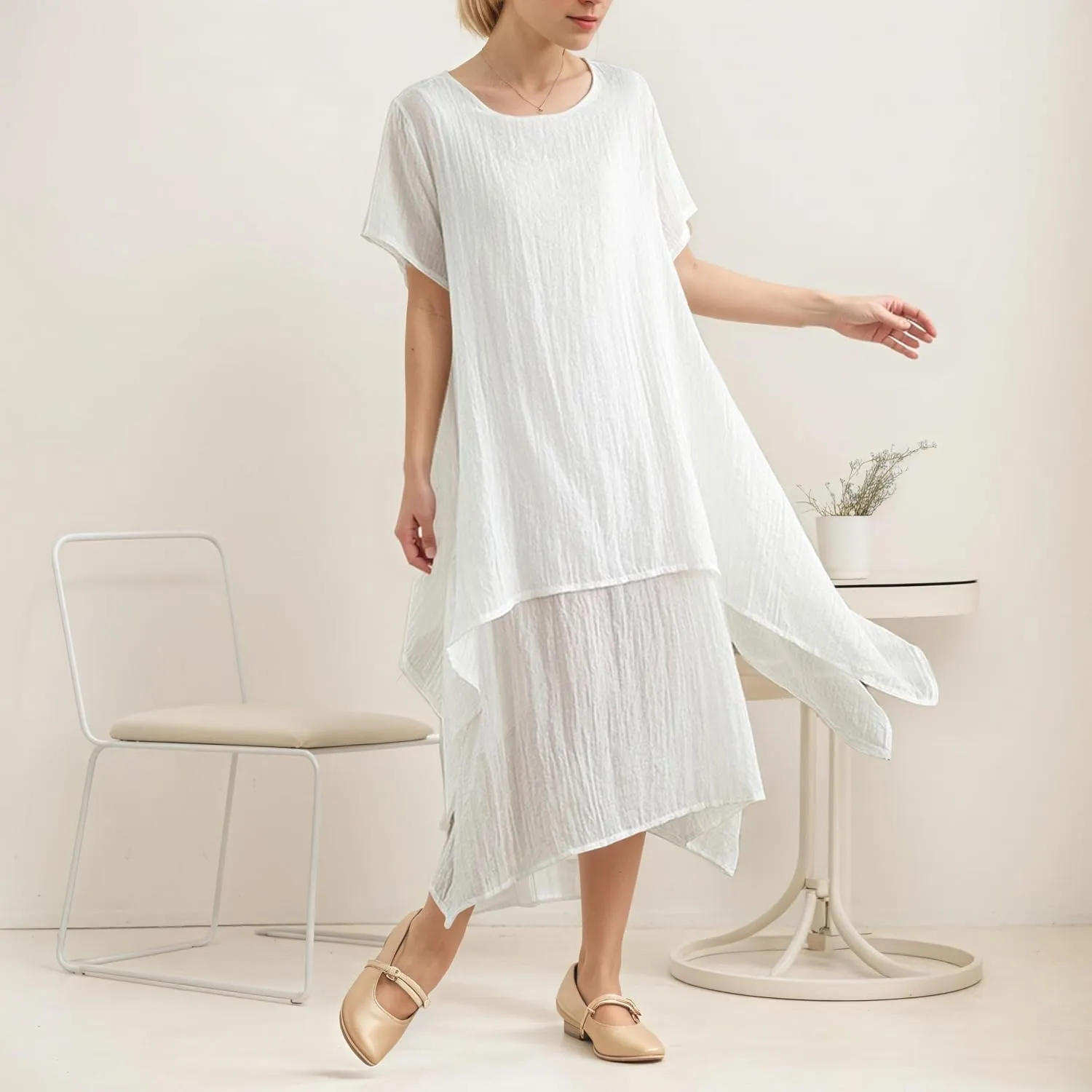 TIAFORD Women Loose Cotton Linen Casual Short Sleeve Dress Crew Neck Double Layered Irregular Hem Summer Linen Midi Dresses