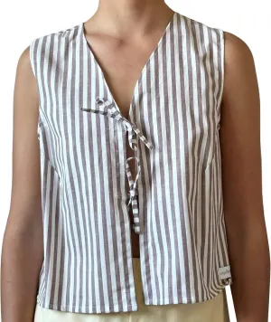 Tie Front Tops for Women Sleeveless Deep V-Neck Plaid Striped Fruit Print Linen Vest Lace Up Party Club Night Tank Top