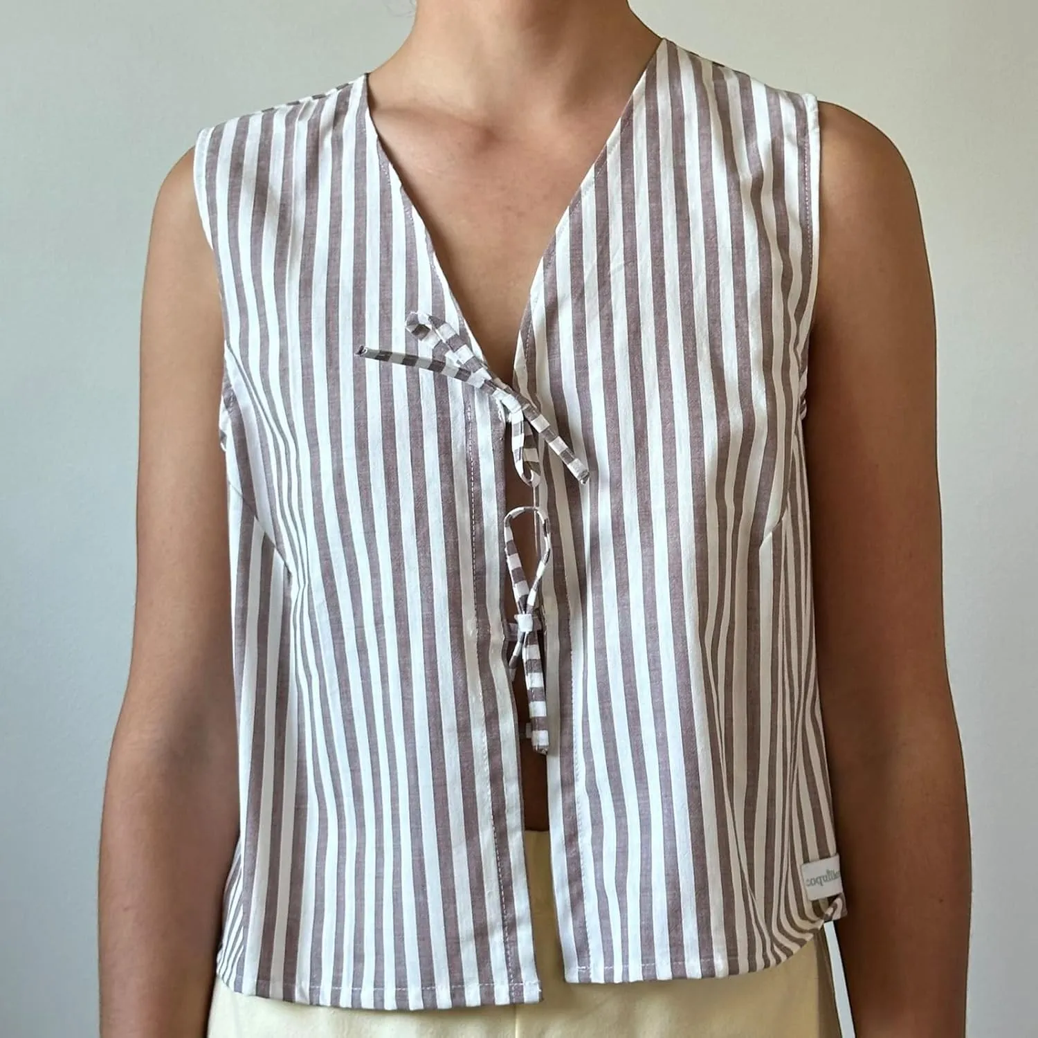 Tie Front Tops for Women Sleeveless Deep V-Neck Plaid Striped Fruit Print Linen Vest Lace Up Party Club Night Tank Top