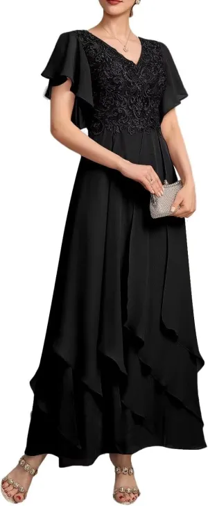 Tiered Chiffon Mother of The Bride Dresses for Wedding Ruffle Sleeves Lace Applique Evening Party Gown