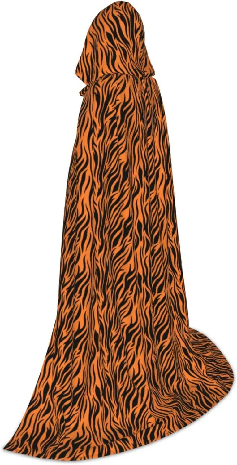 Tiger Stripes Orange Pattern Print Halloween Hooded Cloak Full Length Cape With Hood For Men And Women For Carnival