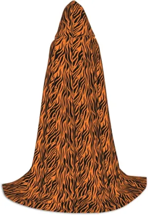 Tiger Stripes Orange Pattern Print Halloween Hooded Cloak Full Length Cape With Hood For Men And Women For Carnival