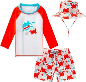 Toddlers and Baby Boys' 3-Piece Rash Guard Swimsuits Kids Long Sleeve Sunsuit Swimwear Sets