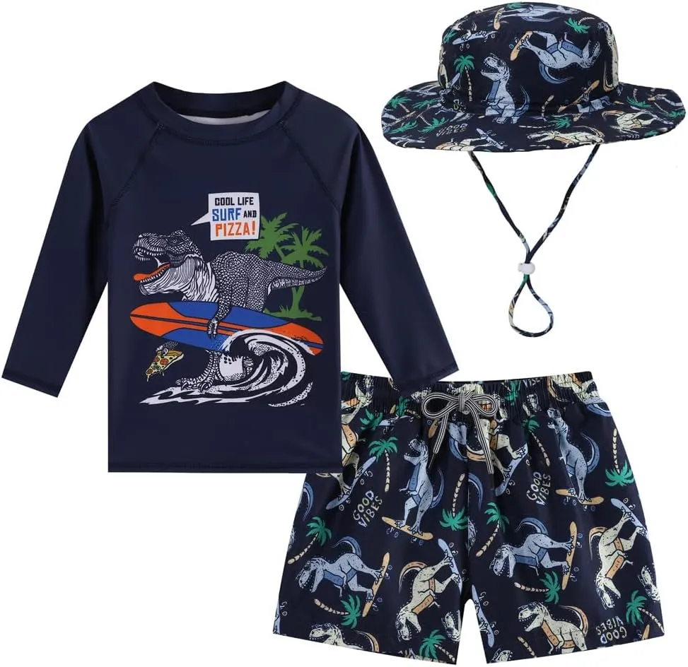 Toddlers and Baby Boys' 3-Piece Rash Guard Swimsuits Kids Long Sleeve Sunsuit Swimwear Sets