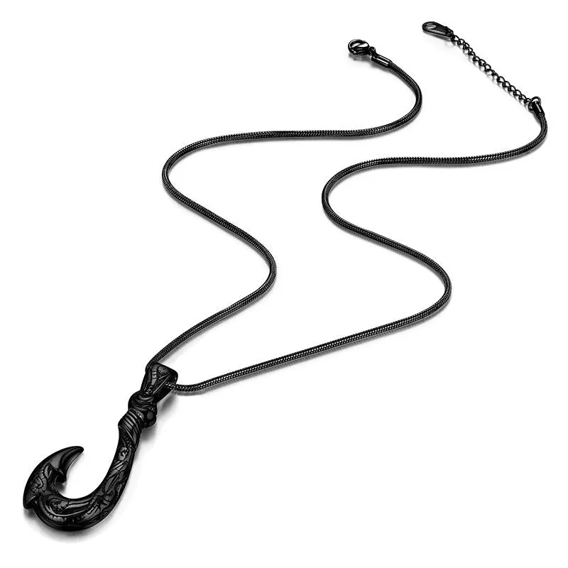 Tokyo Mart Men Fish Hook Necklace Hawaiian Carved Bone Pendant Jewelry Stainless Steel